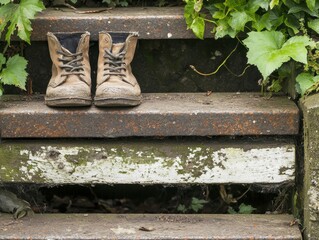 Worn-out boots sit on rustic steps, surrounded by green foliage, evoking a sense of nostalgia and adventure.