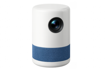 Modern white and blue smart speaker with camera lens on transparent background