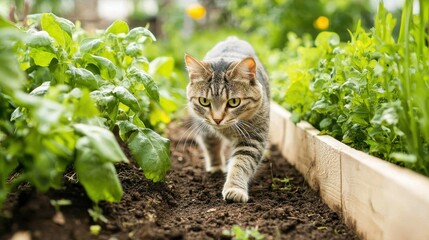 A curious cat explores a garden bed filled with fresh greens, showcasing a blend of nature and playful feline companionship.