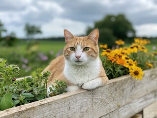 A serene orange and white cat resting on a wooden planter filled with vibrant flowers, under a cloudy sky.