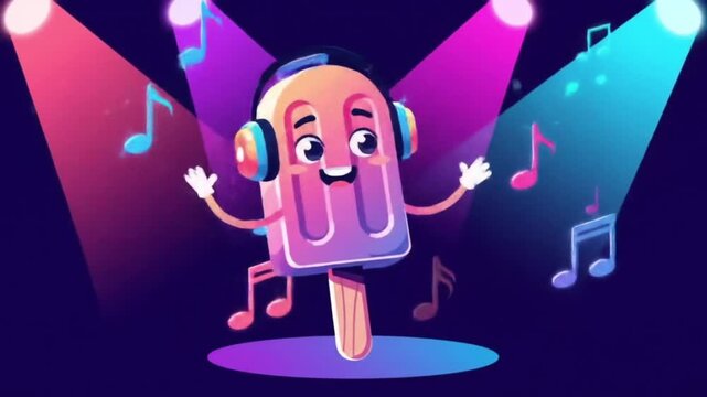 cartoon popsicle character dancing with headphones and music notes