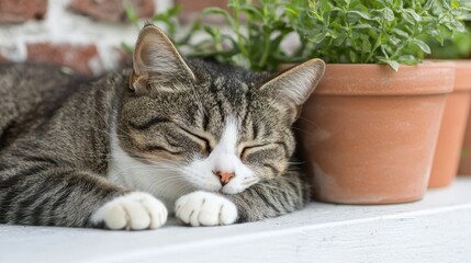 A relaxed tabby cat is sleeping beside a potted plant, basking in a serene outdoor setting with a rustic brick background.