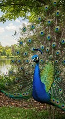 Obraz premium Peacock's display: A magnificent peacock with iridescent plumage struts elegantly by a serene lake. captured the peacock with its majestic display.