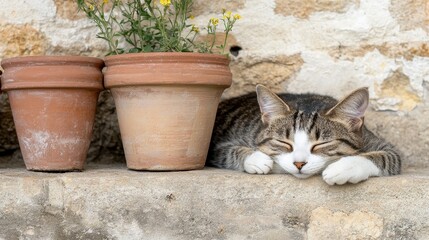A peaceful cat sleeps beside two terracotta pots, adding a touch of tranquility to a rustic stone setting.