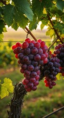 Grape Clusters in Vineyard: Close-up of a luscious bunch of ripe grapes in a vineyard. The sunlight highlights the color of the fruit and the texture of the leaves