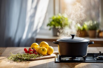 Steaming black pot with lemons and herbs on sunlit kitchen counter