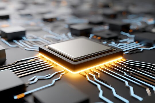 Close-up of glowing microchip on circuit board with blue connections - Powered by Adobe