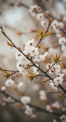 Obraz premium Blossom of Spring: Delicate white cherry blossoms adorn a slender branch, a symbol of renewal against a soft, blurred backdrop, evoking a sense of serenity and the beauty of the natural world.