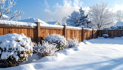 Beautiful Winter Scene with Snow-Covered Garden and Wooden Fence on a Sunny Day