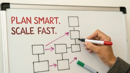 Hand with Marker Drawing Flowchart on a Whiteboard with Text Plan Smart Scale Fast for Business Strategy Concept