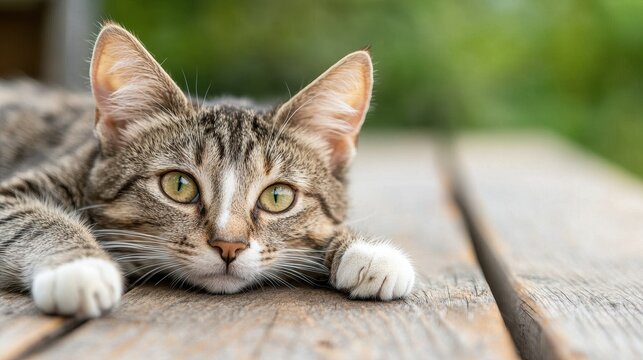 A close-up of a relaxed tabby cat with striking green eyes, resting on a wooden surface, surrounded by a blurred green background.