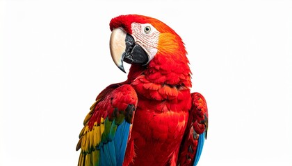 Obraz premium “Isolated Scarlet Macaw parrot with vivid red, yellow, and blue feathers, perched and facing right, realistic close-up render on white and transparent background,