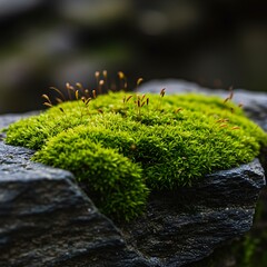 Fototapeta premium Lush Green Moss Growing on Dark Rock
