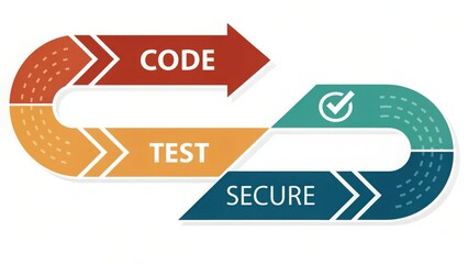 Visual representation of a secure software development lifecycle with code, test, and secure steps highlighted