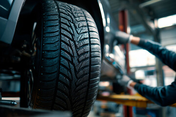 Mechanic changing car to winter tires