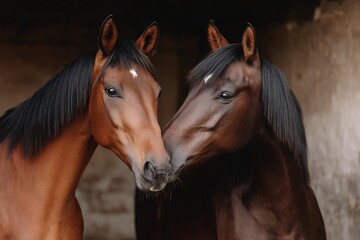Fototapeta premium Two brown horses nuzzling in stable