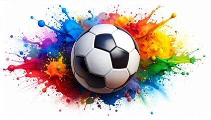 &ldquo;Isolated black and white soccer ball with vibrant paint splashes, dynamic 3D render on white and transparent background, 