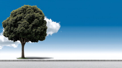 Solitary Tree Amidst Sky: A lone tree, symbolizing resilience and serenity, stands tall against a brilliant blue sky and soft cloud, evokes feelings of calm.