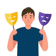Man with bipolar disorder symptom in flat design. Bipolar patient with mood swings sometimes in a good mood sometimes sad.