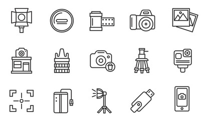 Fototapeta premium Photography linear icon set. Camera, photo, photographer, studio light, film cameras and photoshoot outline icon collection