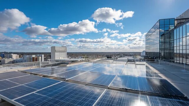Solar Panel Array on a Modern Building: Capturing a modern business with an array of solar panels atop a building, reflecting the sky's beautiful blue.