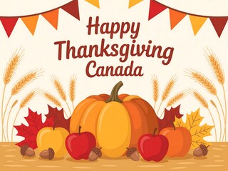Happy thanksgiving canada with pumpkin, apple, acorn and wheat illustration