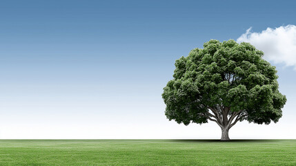 Solitary Tree and Sky: A lone, flourishing tree stands majestically upon a vast expanse of lush green grass, set against a backdrop of clear, inviting blue sky.