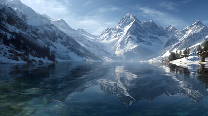 Majestic snowcovered mountain reflecting in a frozen lake under a clear blue sky during winter season