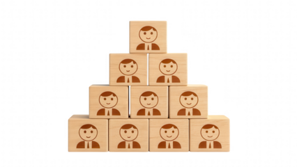 leadership community figure wooden unity concept. Wooden blocks stacked in a pyramid shape with smiling faces.