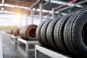 New car tires displayed in a sunlit modern auto shop
