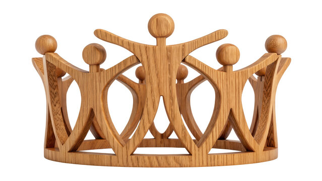 leadership community figure wooden unity concept. Wooden crown with human figures connected together.