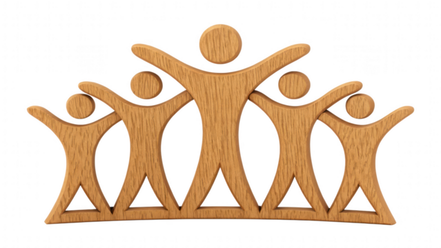 leadership community figure wooden unity concept. Group of stylized human figures in a collaborative pose.
