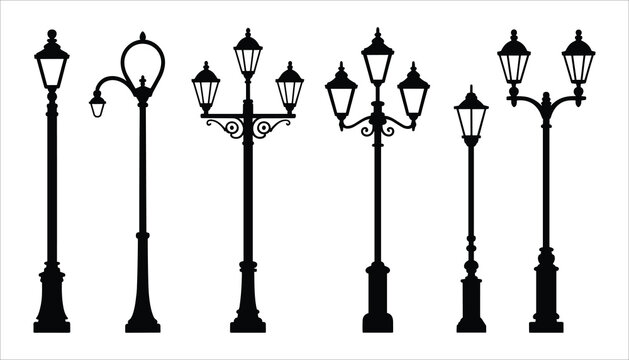 Vintage Street Lamp Post Vector Silhouette Set