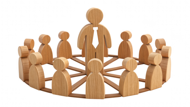leadership community figure wooden unity concept. Wooden figures arranged in a circle with a central figure in a tie.