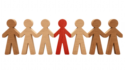 leadership community figure wooden unity concept. Group of stylized figures, highlighting one distinct individual.
