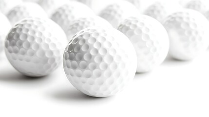 Group of Dimmpled White Golf Balls in Sharp Focus on a Bright White Background
