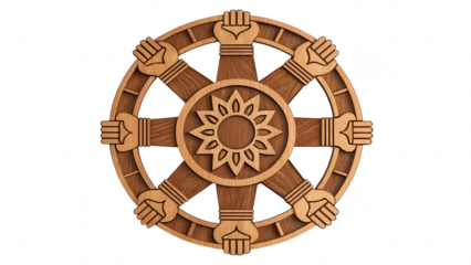 leadership community figure wooden unity concept. Symbolic wheel with hands, representing unity and connection.