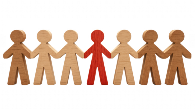 leadership community figure wooden unity concept. Group of stylized figures, highlighting one distinct individual.