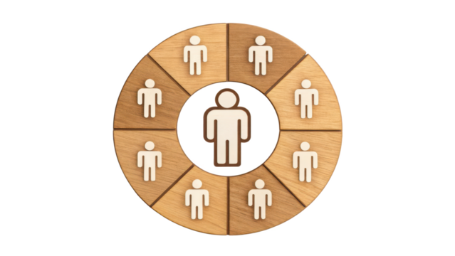 leadership community figure wooden unity concept. Central figure with surrounding icons representing people.