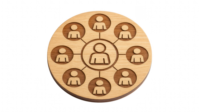 leadership community figure wooden unity concept. Network illustration on wooden circular surface