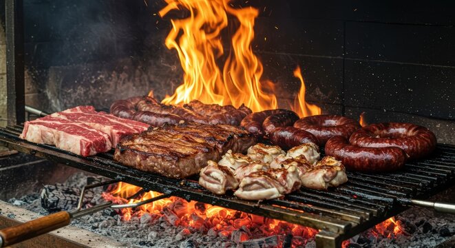 A rustic Argentine parilla (grill) loaded with various cuts of beef, sausages, and offal, cooking over a raging wood fire. Authentic and hearty.