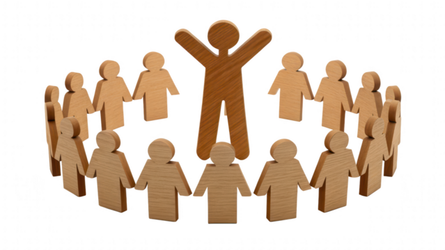 leadership community figure wooden unity concept. Group of paper figures with one highlighted figure in the center.