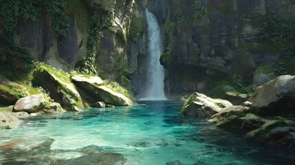 A serene waterfall cascades into a crystalclear pool surrounded by lush greenery and mosscovered rocks