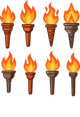 Collection of eight burning torches with fiery flames