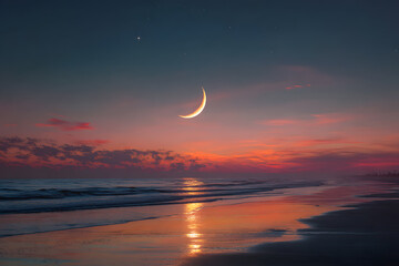 a crescent is seen in the sky over the ocean