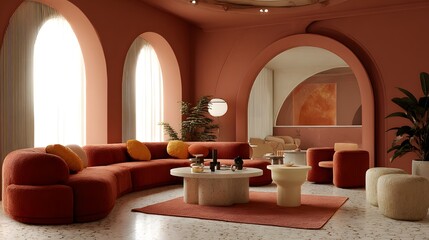 Elegant living room with terracotta walls, arched doorways, and modern furniture creating a warm ambiance