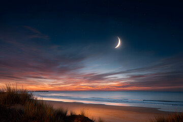 Obraz premium a crescent is seen over the ocean at night