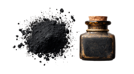 Dark powder spills from a vintage bottle