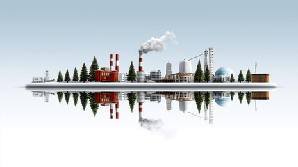 Fototapeta premium Industrial Oasis: A striking image depicting a futuristic industrial complex with an eye-catching aesthetic, blending sustainable trees, smoke emission, and structural elegance.