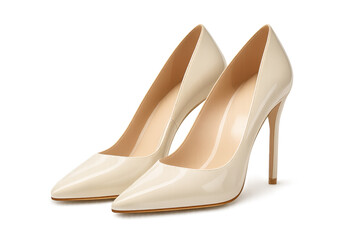 Pair of elegant beige high heel shoes on transparent background